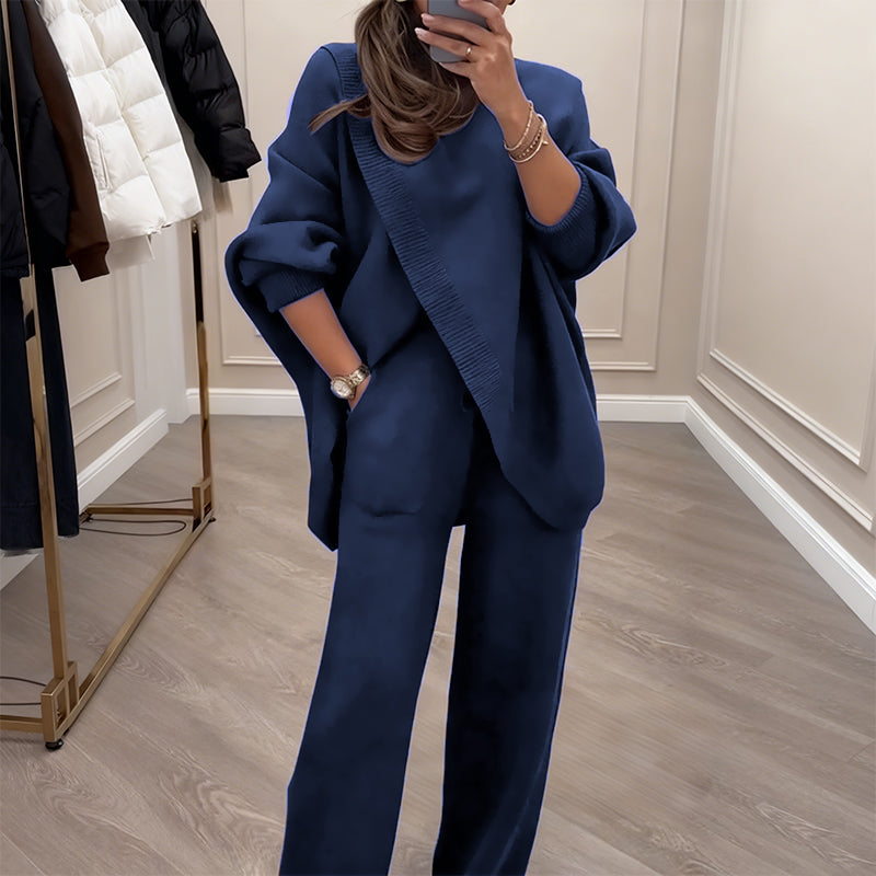 Avero | Set Lavorato a Maglia: Maglione Asimmetrico + Pantaloni a Gamba Larga